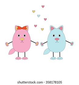 Cute cats with hearts isolated on white background.Card for the holiday Valentine's Day