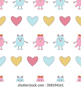 Cute cats with hearts isolated on white background.Seamless pattern for Valentine holiday