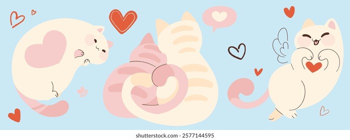 Cute cats and hearts on light blue background. Vector cartoon illustration of kawaii style pets smiling, hugging, showing love sign, seamless pattern for Saint Valentines Day banner, holiday card