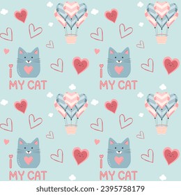 Cute cats and hearts seamless vector pattern. Valentine's Day background. Heart shapes and air balloons.