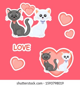 Cute cats with hearts for Valentine's Day in cartoon style. Lettering Love. Stickers.