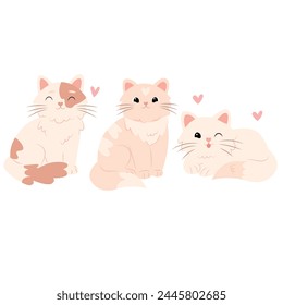 Lindos gatos con corazones. Ilustración vectorial en estilo de dibujos animados planos.