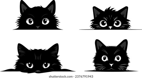 Cute cats hide peeking out with large eyes. Playful black kittens peeping out the windows and asking for pet food. Meow silhouette sticker icon set designs.