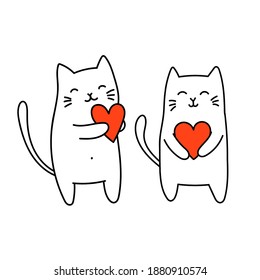 Los gatos lindos sostienen el corazón. Dibujo de dibujos animados vectores al estilo de doodle. Animales adorables. Tarjeta de San Valentín.