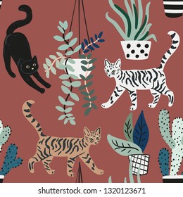 Cute cats and house plants on the brown background. Vector seamless pattern. Pets and green florals in the pots. Nature print. Digital illustration with animals