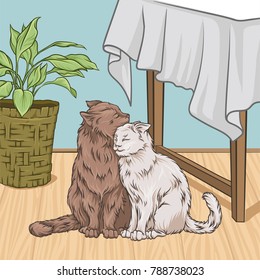 Cute cats hugging while sitting next to a table, room interior vintage style home vector Illustration