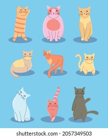 cute cats icon set on blue background