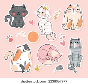 Cute cats icons. Charming and adorable kittens. Love, tenderness and care. Collection of stickers for social media and messengers. Cartoon flat vector illustrations isolated on pink background