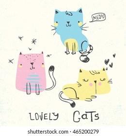 cute cats illustration for baby textile print