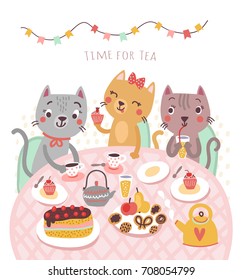 Cute cats. Illustration. Tea time