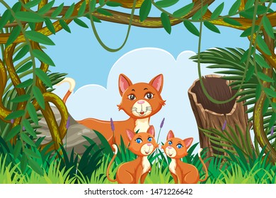 Cute cats in jungle scene illustration