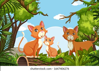 Cute cats in jungle scene illustration