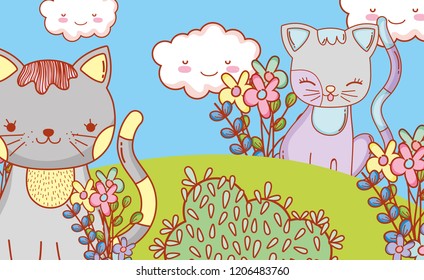 cute cats with kawaii clouds and flowers