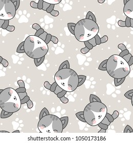 Cute Cats with Kitten Paw Seamless Pattern, Grey Cartoon Animals Background, Vector Illustration