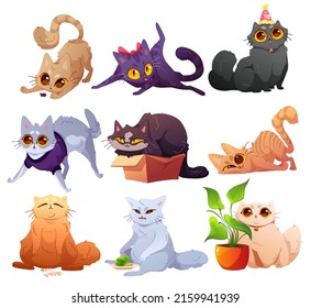 Cute cats and kittens, pets in different poses. Vector cartoon set of funny kitties characters sitting in box, licking itself, scared, hunting beetle, on diet, with house plant, and in party hat