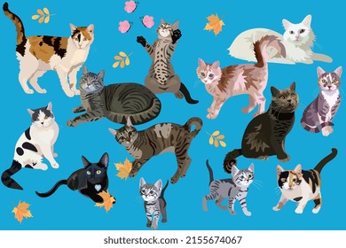 Cute cats and kittens, pink butterflies and yellow autumn leaves on curious blue background in vector. Seamless animal print for fabric, wallpaper.