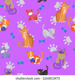 Cute cats and kittens, seamless pattern with Pets playful and beloved animals, vector illustration