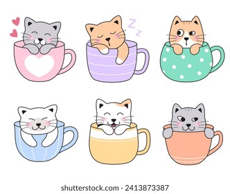 Cute cats, kittens in tea, coffee cups, mugs. Sleeping, hiding, happy, love pets. Set of simple cartoon vector drawings.