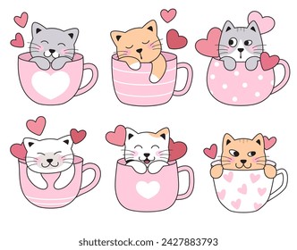 Cute cats, kittens in tea, coffee cups, mugs with hearts. Sleeping, hiding, happy, love pets. Set of simple love cartoon drawings.