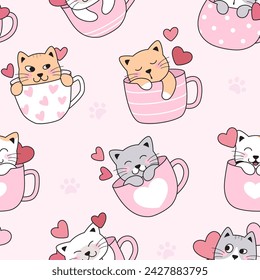 Cute cats, kittens in tea, coffee cups, mugs with gearts. Seamless pattern, background. Love pets. Simple cartoon vector drawings.