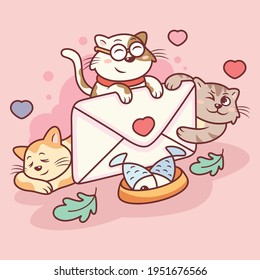 Cute Cats with Letter of Love Cartoon. Animal Vector Icon Illustration, Isolated on Premium Vector