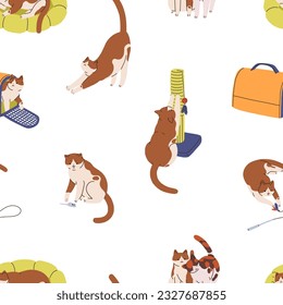 Cute cats life, seamless pattern design. Feline activities, endless background, repeating print with kitty and pets supplies, accessories, toys, scratching post. Flat vector illustration for fabric