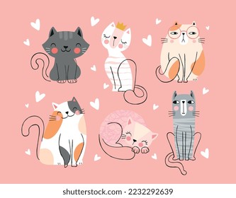 Cute cats line icons. Collection of stickers for social networks. Cute kittens and pets. Adorable toys for kids. Romance and love. Cartoon flat vector illustrations isolated on pink background