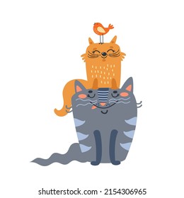 Cute cats and little bird. Funny big cat, happy kitten and tiny bird on his head. Cartoon friendly animals, best friends. Hand drawn vector illustration for kids isolated on white. Flat design