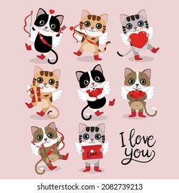 Cute cats with little cupid wings and red heart. Happy Valentine's Day greeting card. Animal cartoon character in love holidays.