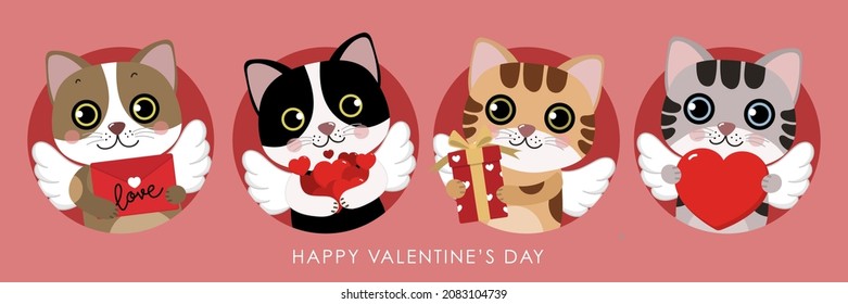 Cute cats with little cupid wings and red heart. Happy Valentine's Day greeting card. Animal cartoon character in love holidays.