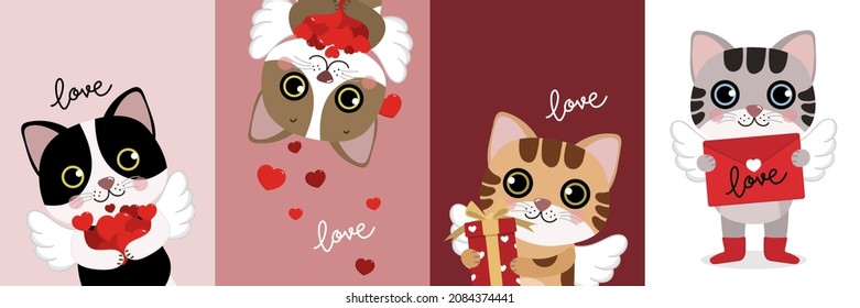 Cute cats with little cupid wings and red heart. Happy Valentine's Day greeting card. Animal cartoon character in love holidays.