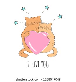 Cute cats in love with a big pink heart.