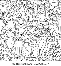 Cute cats in love black and white seamless pattern. Valentine's Day and Love feline characters for coloring book. Outline background. Vector illustration