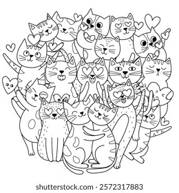 Cute cats in love circle shape coloring page. Valentine's Day and Love feline characters mandala for coloring book. Vector illustration