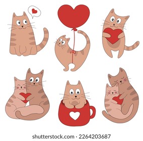 Cute cats in love collection  Romantic Valentines Day set for greeting card poster  Cat and heart  kitten in cup  cats love  flying cat balloon  Flyers  invitation  Vector concept illustration 