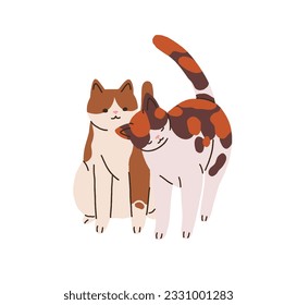 Cute cats love couple. Happy funny kitties friends. Adorable lovely sweet feline animals. Romantic tender meow valentines purring, rubbing. Flat vector illustration isolated on white background