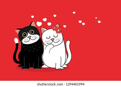 Cute cats in love. Happy Valentine's Day greeting card. Animal cartoon character.  