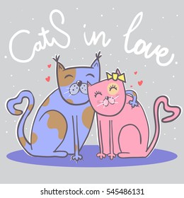 Cute Cats in love. Happy Valentine's day postcard. Vector illustration.