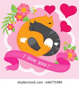 Cute Cats in love. Happy Valentines day postcard, save the date card and t-shirt motif Vector illustration. I love you cat card