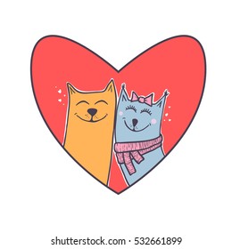 Cute Cats in love heart. Happy Valentine's day postcard. Vector illustration.