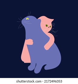 Cute Cats In Love Are Hugging Each Other. Pink Cat And Purple Cat. Valentine's Day Card