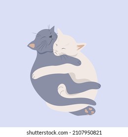 
Cute cats in love hugging and sleeping. Happy Valentine's day greeting card. Vector illustration in cartoon style for decoration of fabrics, postcards, children's books, happy birthday greetings
