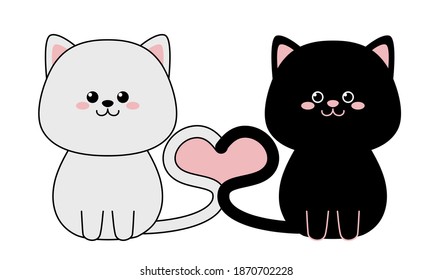 Cute cats and love isolated on a white background. Flat design for poster or t-shirt. Vector illustration