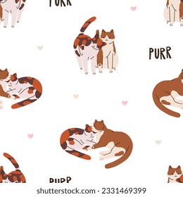 Cute cats, love kitties couples, seamless pattern. Feline meow valentines, repeating print. Endless romantic background design. Colored flat vector illustration for textile, fabric, wallpaper