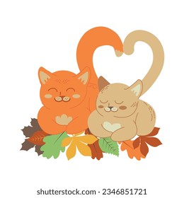 Cute cats in love on colorful autumn leaves. Welcome Fall concept. Cartoon animal character for kids t-shirts, nursery decoration, greeting card, invitation, house interior. Vector stock illustration