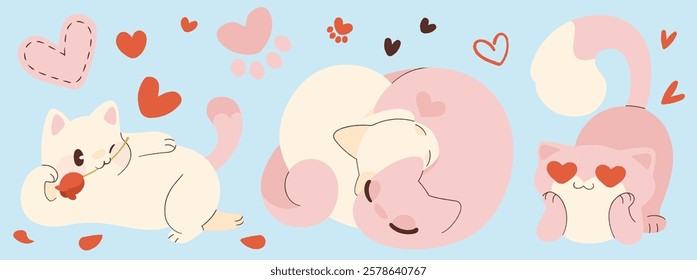 Cute cats in love on light blue background. Vector cartoon illustration of kawaii style pets looking with heart eyes, hugging, flirting with flower in mouth, seamless Saint Valentines Day pattern