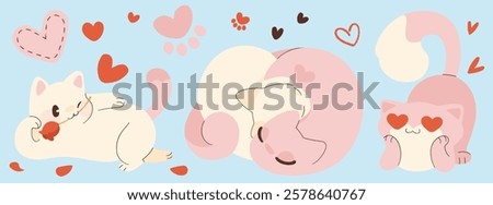 Cute cats in love on light blue background. Vector cartoon illustration of kawaii style pets looking with heart eyes, hugging, flirting with flower in mouth, seamless Saint Valentines Day pattern