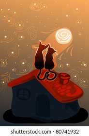 cute cats in love on a roof of a house in the moonlight