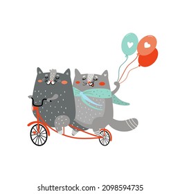 Cute Cats In Love On Tandem Bicycle With Balloons. Two Funny Kittens Riding By Bike. Cartoon Character, Happy Pets, Valentine's Day. Hand Drawn Vector Illustration Isolated On White. Flat Design