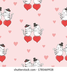Cute cats in love pattern. Valentines day seamless background.